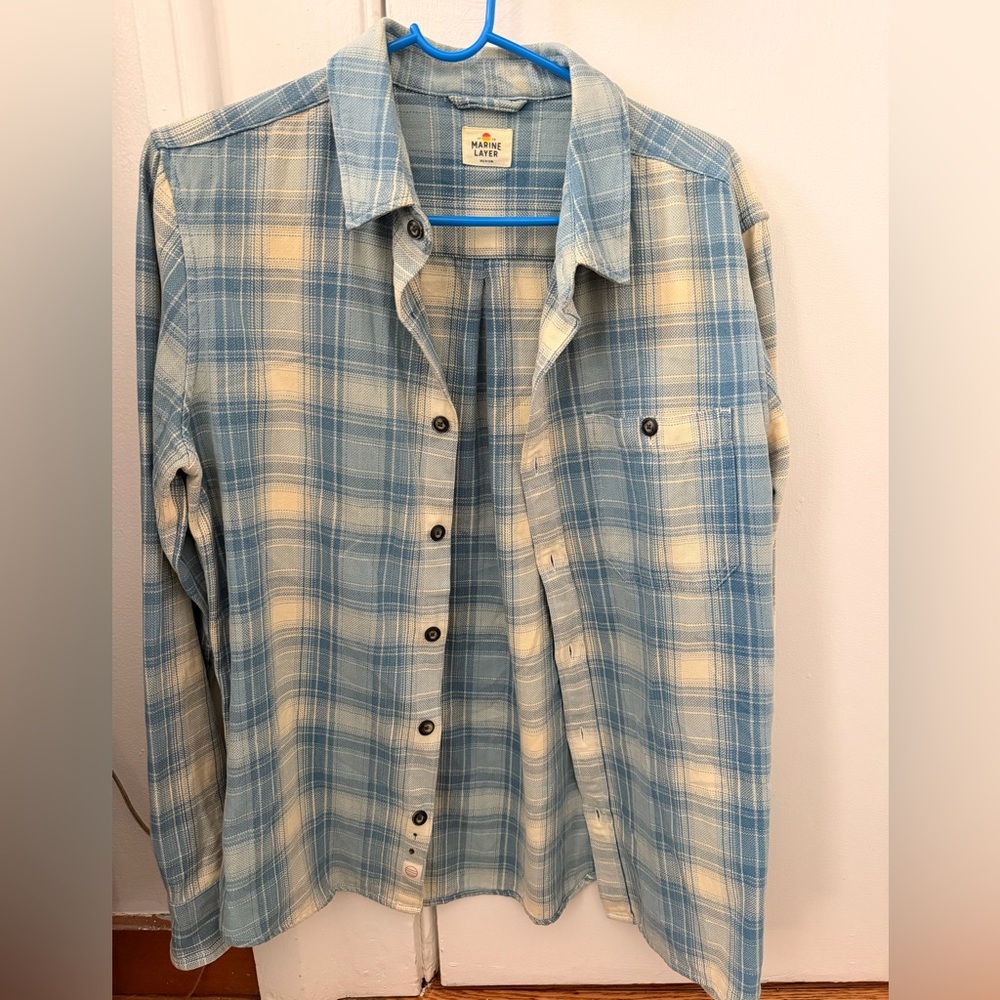 Marine Layer Light Blue and Cream Plaid Button-Up Shirt